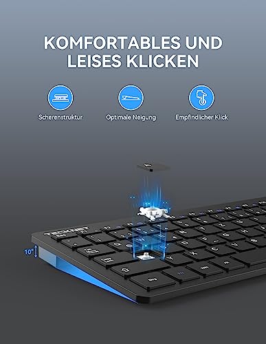 TECKNET Slim Kabellose Tastatur, Deutsches Layout, 78 Tasten Mini Wireless Tastatur mit Nano USB Empfänger für Windows/Chrome OS Smart TV - Schwarz