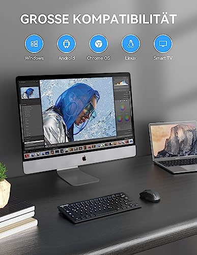 TECKNET Slim Kabellose Tastatur, Deutsches Layout, 78 Tasten Mini Wireless Tastatur mit Nano USB Empfänger für Windows/Chrome OS Smart TV - Schwarz