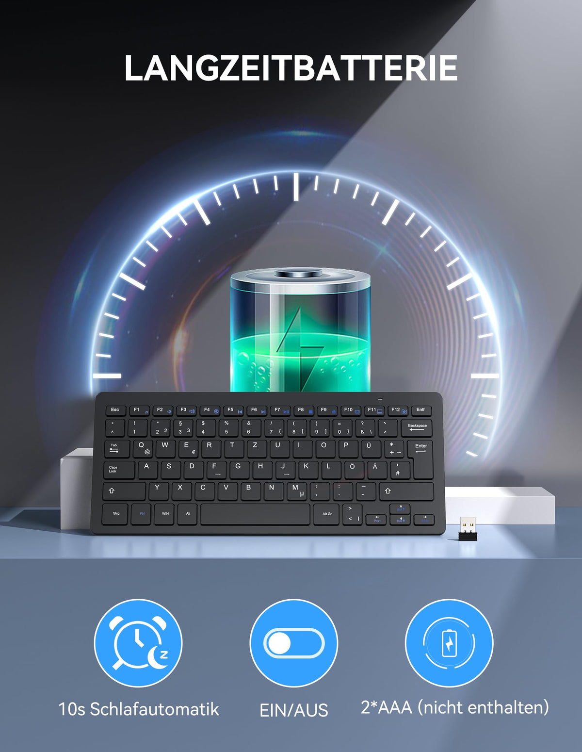 TECKNET Slim Kabellose Tastatur, Deutsches Layout, 78 Tasten Mini Wireless Tastatur mit Nano USB Empfänger für Windows/Chrome OS Smart TV - Schwarz