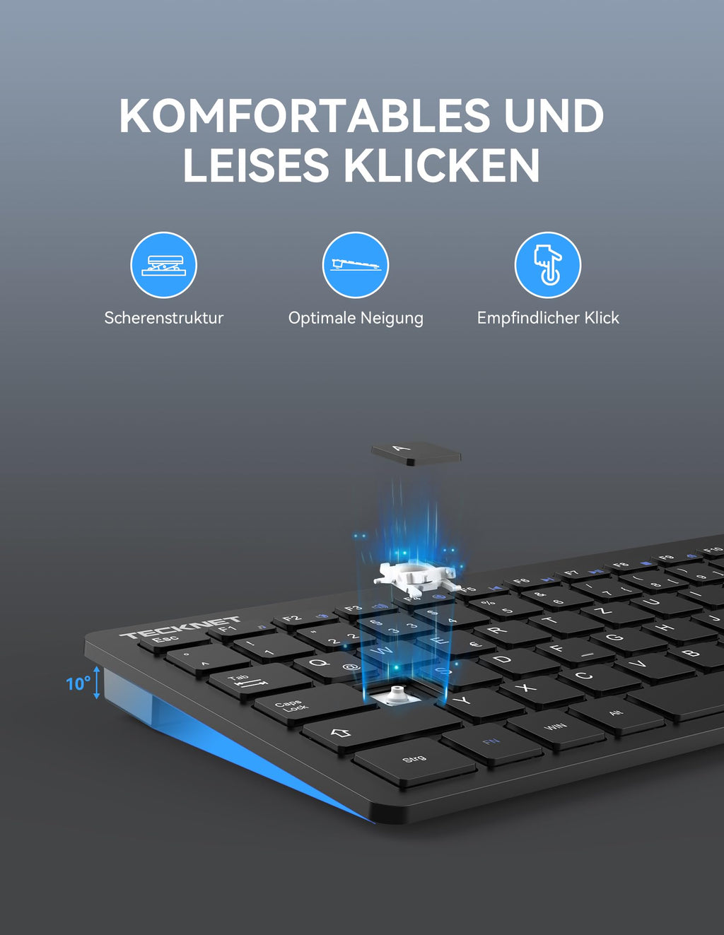 TECKNET Slim Kabellose Tastatur, Deutsches Layout, 78 Tasten Mini Wireless Tastatur mit Nano USB Empfänger für Windows/Chrome OS Smart TV - Schwarz