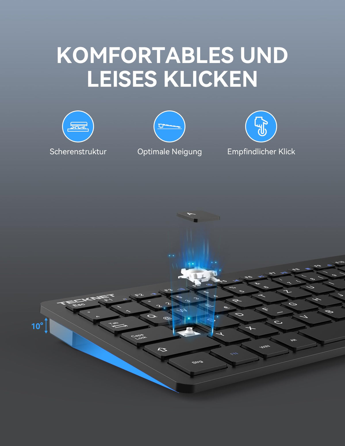 TECKNET Slim Kabellose Tastatur, Deutsches Layout, 78 Tasten Mini Wireless Tastatur mit Nano USB Empfänger für Windows/Chrome OS Smart TV - Schwarz