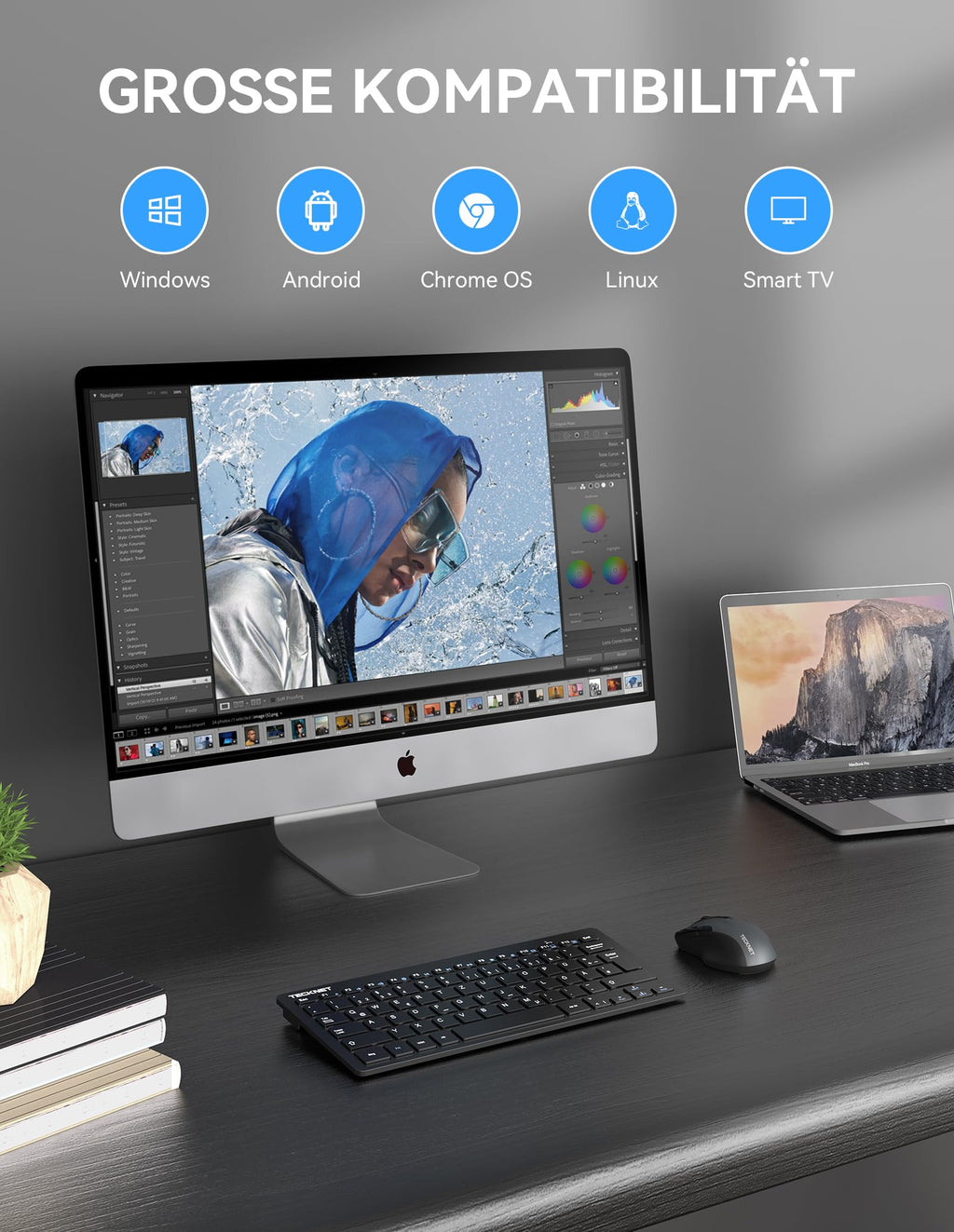 TECKNET Slim Kabellose Tastatur, Deutsches Layout, 78 Tasten Mini Wireless Tastatur mit Nano USB Empfänger für Windows/Chrome OS Smart TV - Schwarz