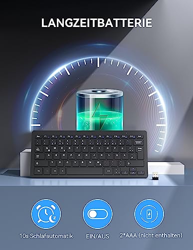 TECKNET Slim Kabellose Tastatur, Deutsches Layout, 78 Tasten Mini Wireless Tastatur mit Nano USB Empfänger für Windows/Chrome OS Smart TV - Schwarz