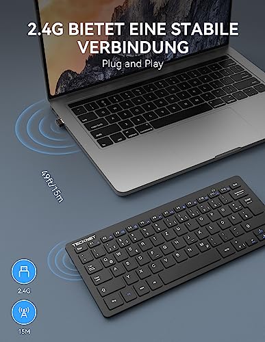 TECKNET Slim Kabellose Tastatur, Deutsches Layout, 78 Tasten Mini Wireless Tastatur mit Nano USB Empfänger für Windows/Chrome OS Smart TV - Schwarz