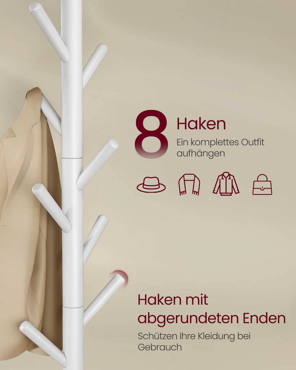 VASAGLE Garderobenständer, Kleiderständer aus Kautschukholz, 8 Haken