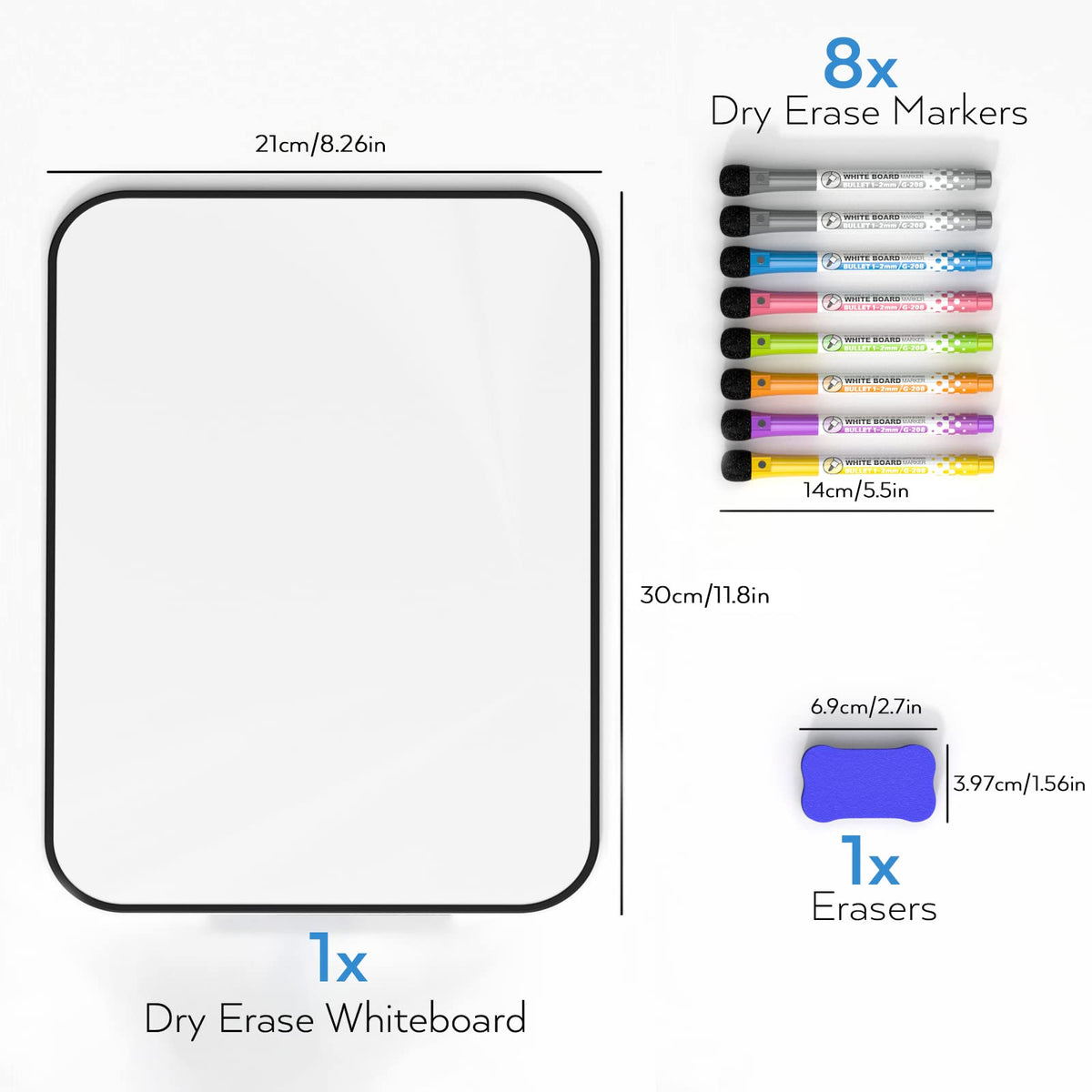 Nicpro A4 Klein Magnetisches Whiteboard, Mini Trocken abwischbar Magnettafel Doppelseitiges mit 8 Bunte Stifte Schwamm für Kinder, Schüler, Klassenzimmer, Schulmaterial, Lernen, Schreiben(21 x 30 cm)