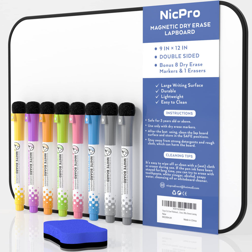 Nicpro A4 Klein Magnetisches Whiteboard, Mini Trocken abwischbar Magnettafel Doppelseitiges mit 8 Bunte Stifte Schwamm für Kinder, Schüler, Klassenzimmer, Schulmaterial, Lernen, Schreiben(21 x 30 cm)