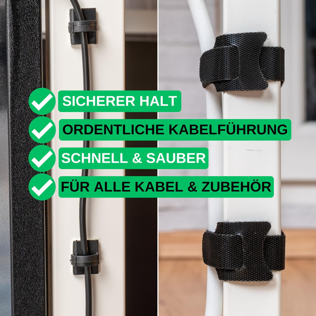 Kabel Management Klett-Kabelbinder und Clips, 100 Pack, 50 x wieder verwendbare Kabelbinder mit Schlaufe, 50 x selbstklebende Kabelklemme, in Schwarz, Kabelorganisation für Wand, Decke, Boden, PC, TV