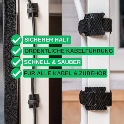 Kabel Management Klett-Kabelbinder und Clips, 100 Pack, 50 x wieder verwendbare Kabelbinder mit Schlaufe, 50 x selbstklebende Kabelklemme, in Schwarz, Kabelorganisation für Wand, Decke, Boden, PC, TV