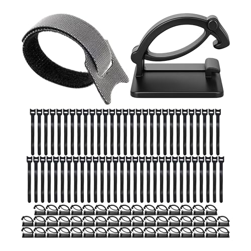 Kabel Management Klett-Kabelbinder und Clips, 100 Pack, 50 x wieder verwendbare Kabelbinder mit Schlaufe, 50 x selbstklebende Kabelklemme, in Schwarz, Kabelorganisation für Wand, Decke, Boden, PC, TV