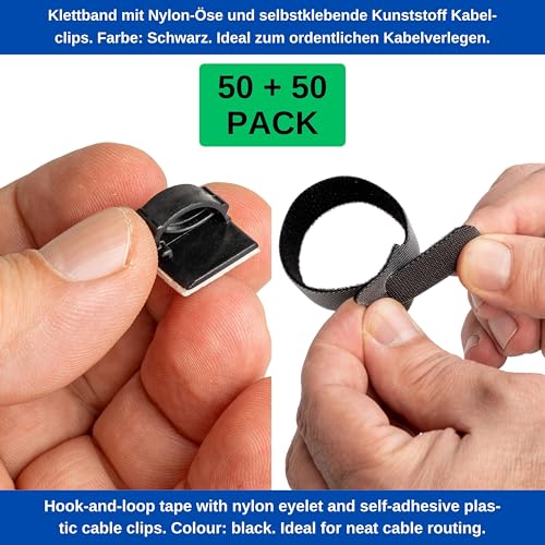 Kabel Management Klett-Kabelbinder und Clips, 100 Pack, 50 x wieder verwendbare Kabelbinder mit Schlaufe, 50 x selbstklebende Kabelklemme, in Schwarz, Kabelorganisation für Wand, Decke, Boden, PC, TV