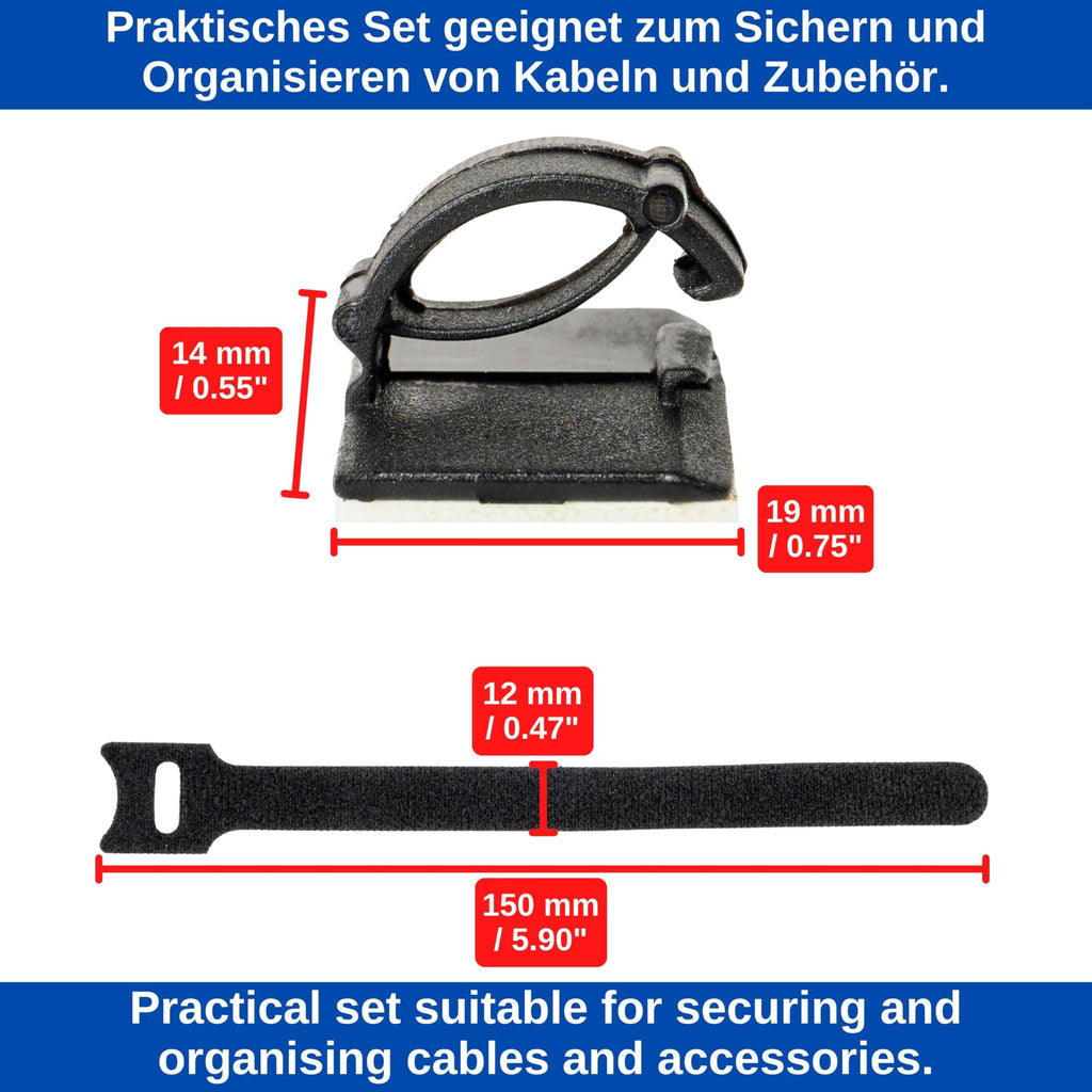 Kabel Management Klett-Kabelbinder und Clips, 100 Pack, 50 x wieder verwendbare Kabelbinder mit Schlaufe, 50 x selbstklebende Kabelklemme, in Schwarz, Kabelorganisation für Wand, Decke, Boden, PC, TV