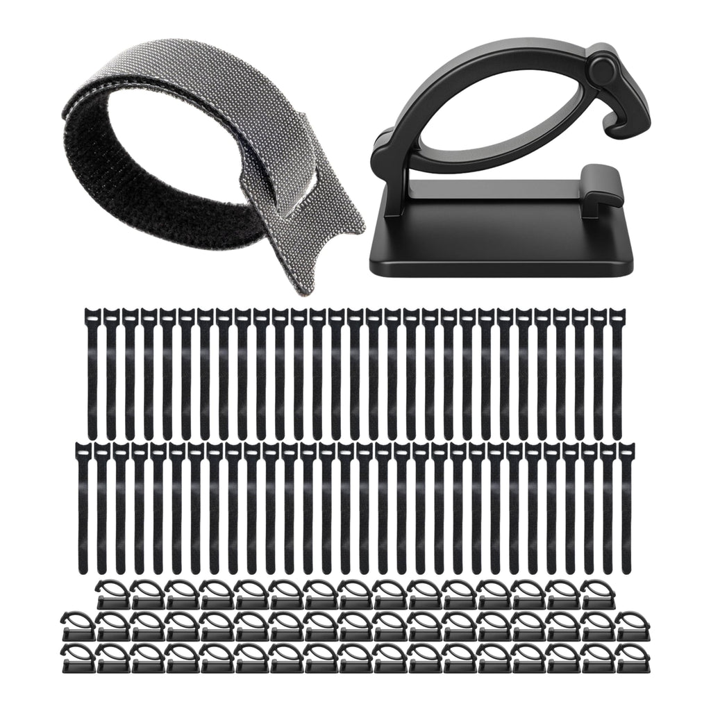 Kabel Management Klett-Kabelbinder und Clips, 100 Pack, 50 x wieder verwendbare Kabelbinder mit Schlaufe, 50 x selbstklebende Kabelklemme, in Schwarz, Kabelorganisation für Wand, Decke, Boden, PC, TV