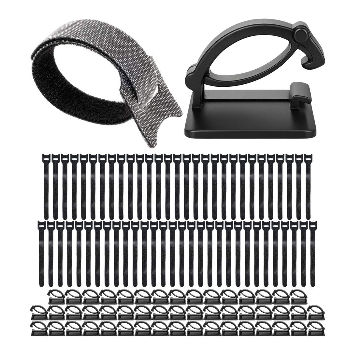 Kabel Management Klett-Kabelbinder und Clips, 100 Pack, 50 x wieder verwendbare Kabelbinder mit Schlaufe, 50 x selbstklebende Kabelklemme, in Schwarz, Kabelorganisation für Wand, Decke, Boden, PC, TV