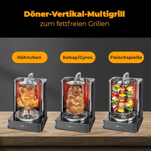 Clatronic® Döner-Vertikal-Multigrill | Multigrill Perfekt für Gyros, Kebab & mehr | Gyrosgrill für Fettfreies Grillen zuhause | Dönergrill Inkl. Drehspieß & 6 Fleischspieße | DVG 3686