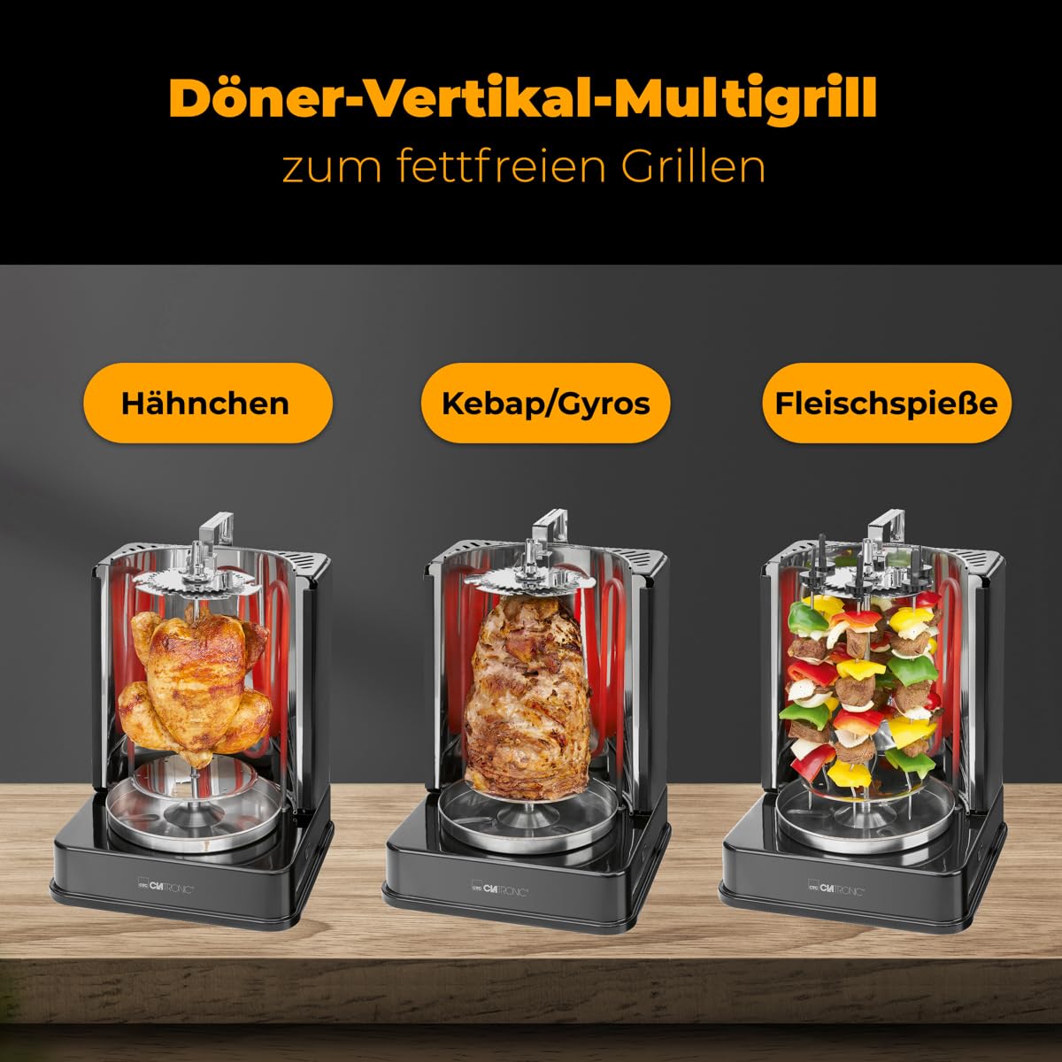 Clatronic® Döner-Vertikal-Multigrill | Multigrill Perfekt für Gyros, Kebab & mehr | Gyrosgrill für Fettfreies Grillen zuhause | Dönergrill Inkl. Drehspieß & 6 Fleischspieße | DVG 3686