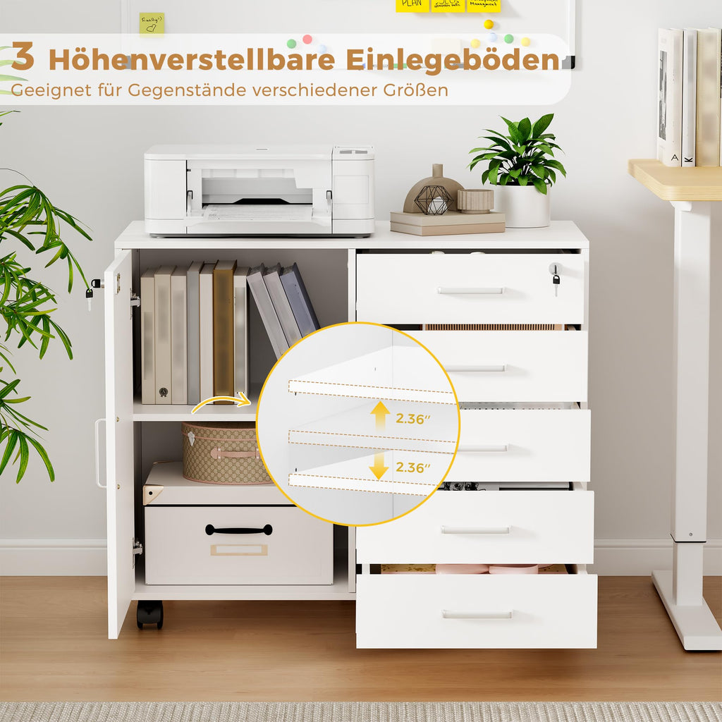BEWISHOME Rollcontainer Schreibtisch mit 5 Schubladen Weiß