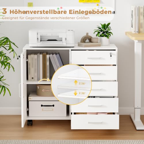 BEWISHOME Rollcontainer Schreibtisch mit 5 Schubladen Weiß