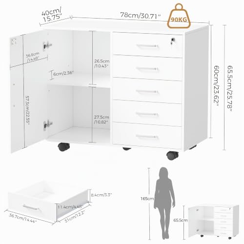 BEWISHOME Rollcontainer Schreibtisch mit 5 Schubladen Weiß