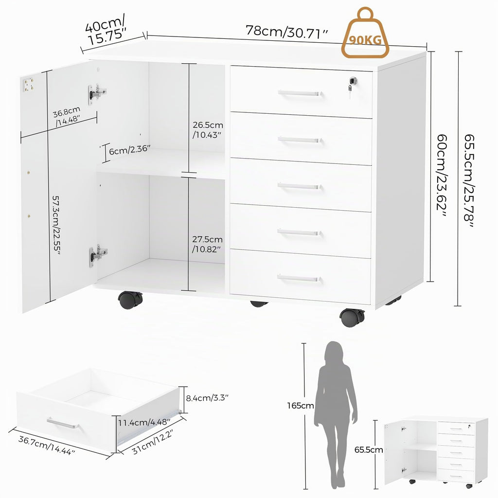 BEWISHOME Rollcontainer Schreibtisch mit 5 Schubladen Weiß