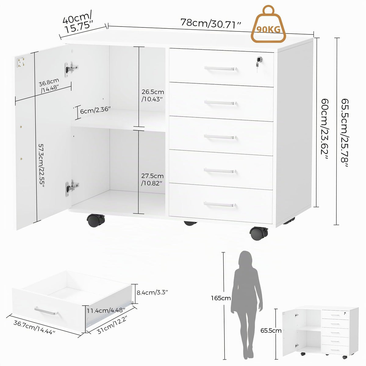 BEWISHOME Rollcontainer Schreibtisch mit 5 Schubladen Weiß