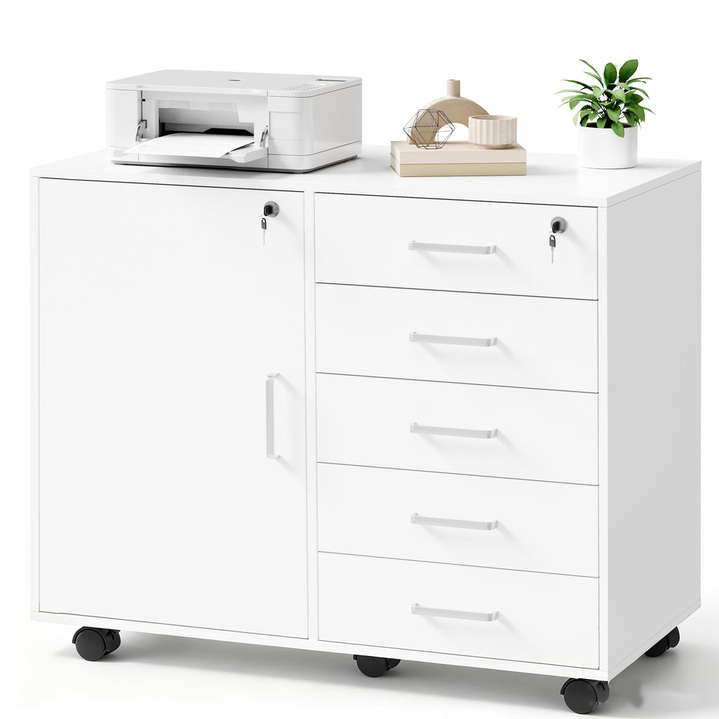 BEWISHOME Rollcontainer Schreibtisch mit 5 Schubladen Weiß