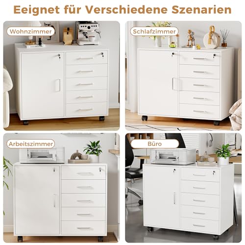 BEWISHOME Rollcontainer Schreibtisch mit 5 Schubladen Weiß