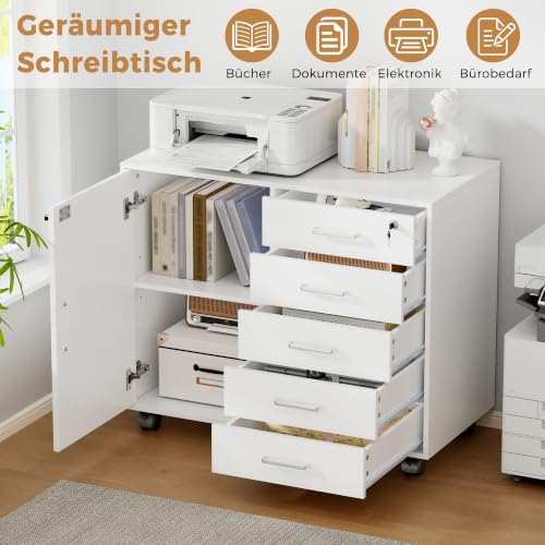 BEWISHOME Rollcontainer Schreibtisch mit 5 Schubladen Weiß
