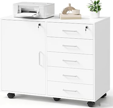 BEWISHOME Rollcontainer Schreibtisch mit 5 Schubladen Weiß