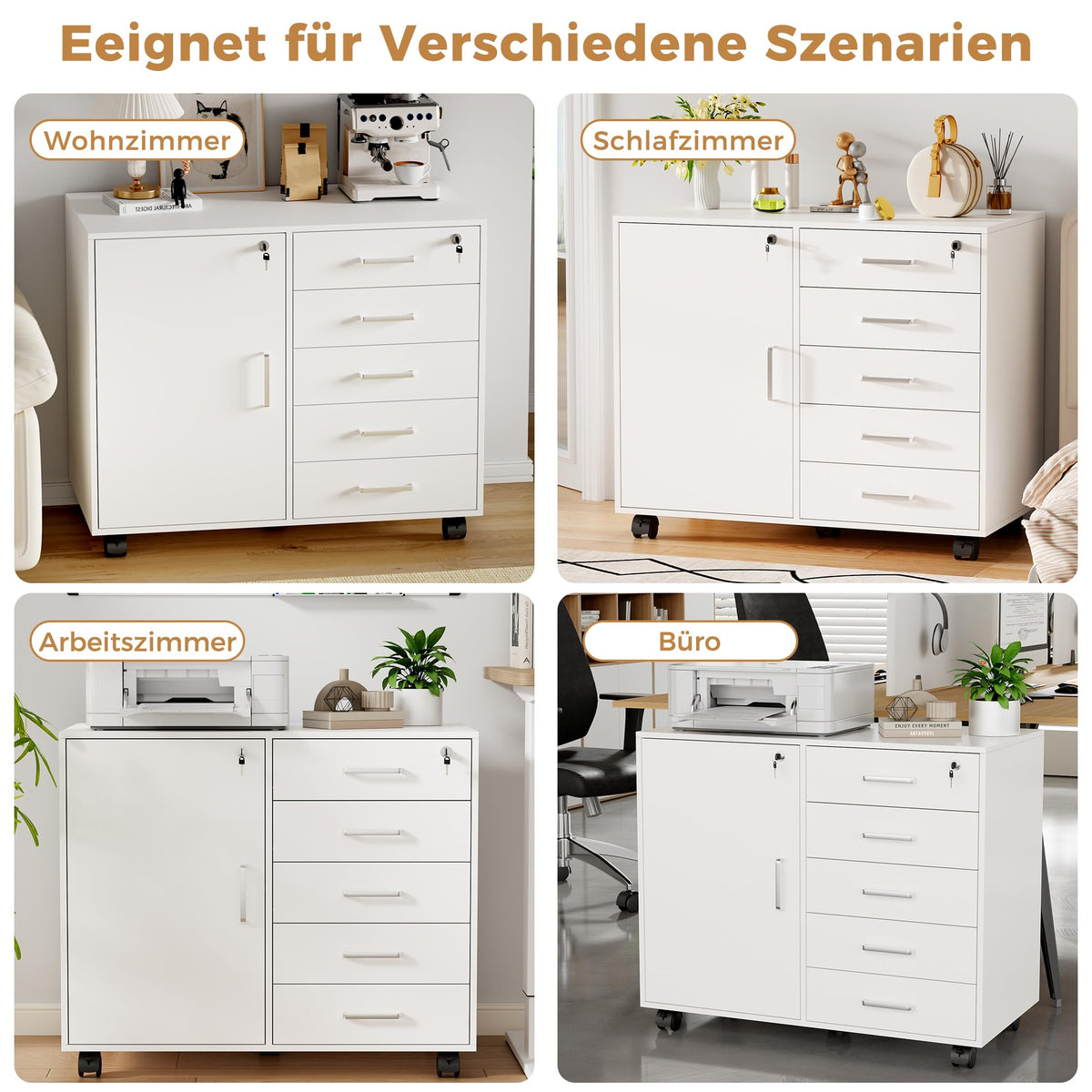 BEWISHOME Rollcontainer Schreibtisch mit 5 Schubladen Weiß