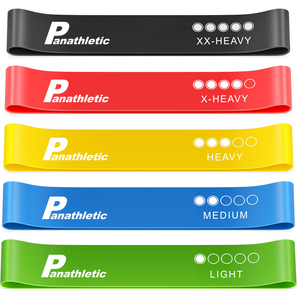 Panathletic Fitnessbänder, 5er Set – 5 Verschiedene Stärken, Übungsanleitung, E-Book, Tragebeutel – 5X Fitnessband, Gymnastikband, Widerstandsband