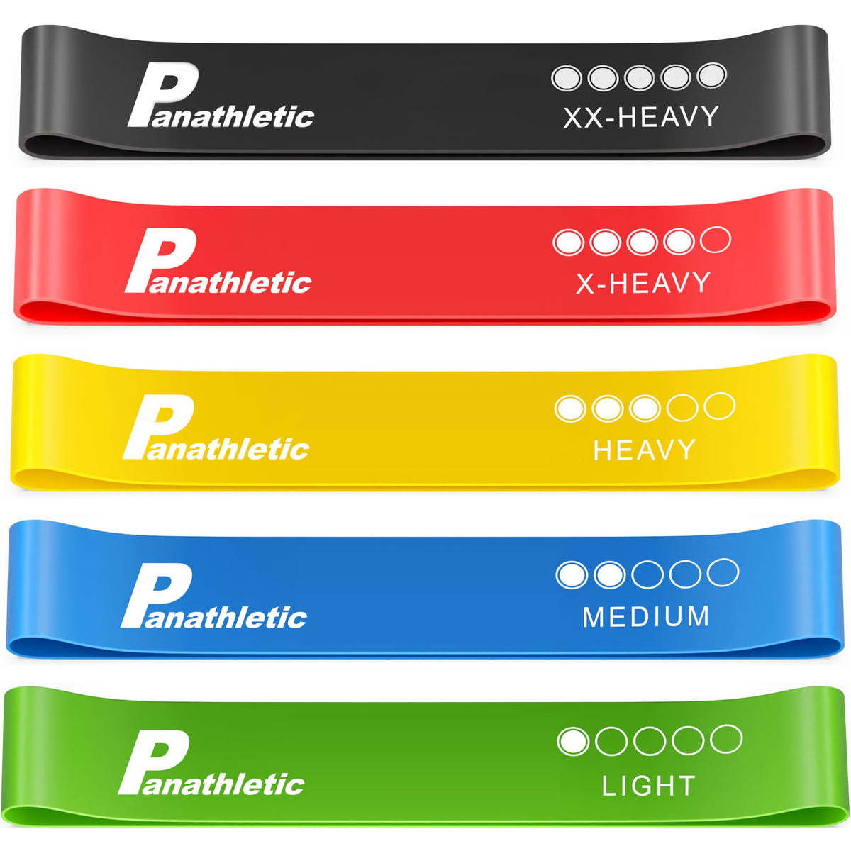 Panathletic Fitnessbänder, 5er Set – 5 Verschiedene Stärken, Übungsanleitung, E-Book, Tragebeutel – 5X Fitnessband, Gymnastikband, Widerstandsband