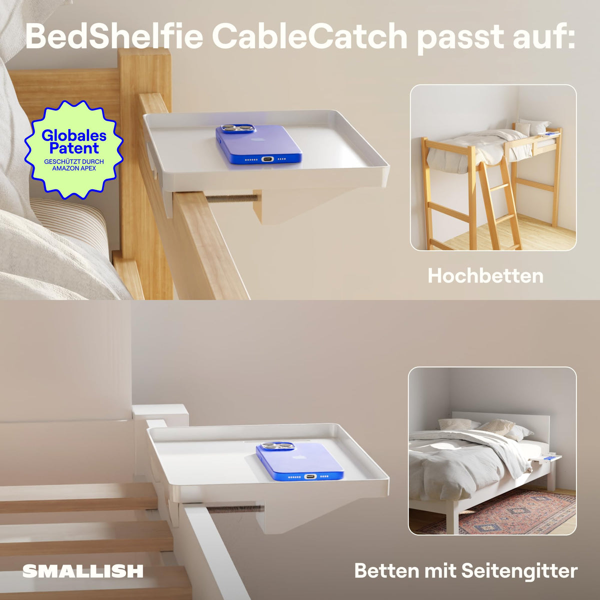 BedShelfie Nachttisch Zum Einhängen Bettablage, Etagenbett und Obere Etagenbett, Essentials, Clip-On Tablett Organizer, Schlafsaal Dekoration, College Wohnheim Essentials – Kabelschnapper, Weiß