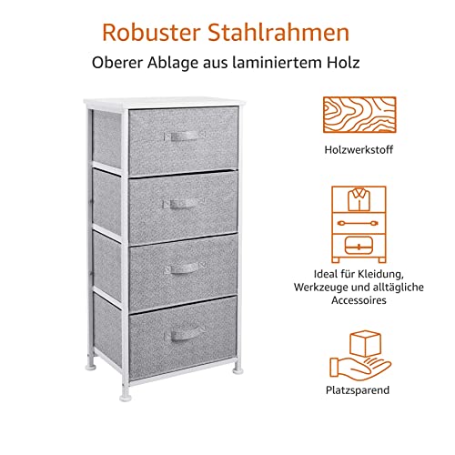 Amazon Basics Schubladenschrank-Ordnungssystem mit Stabilem Metallrahmen und 4 Herausnehmbaren Schubladen aus Stoff, Weiß