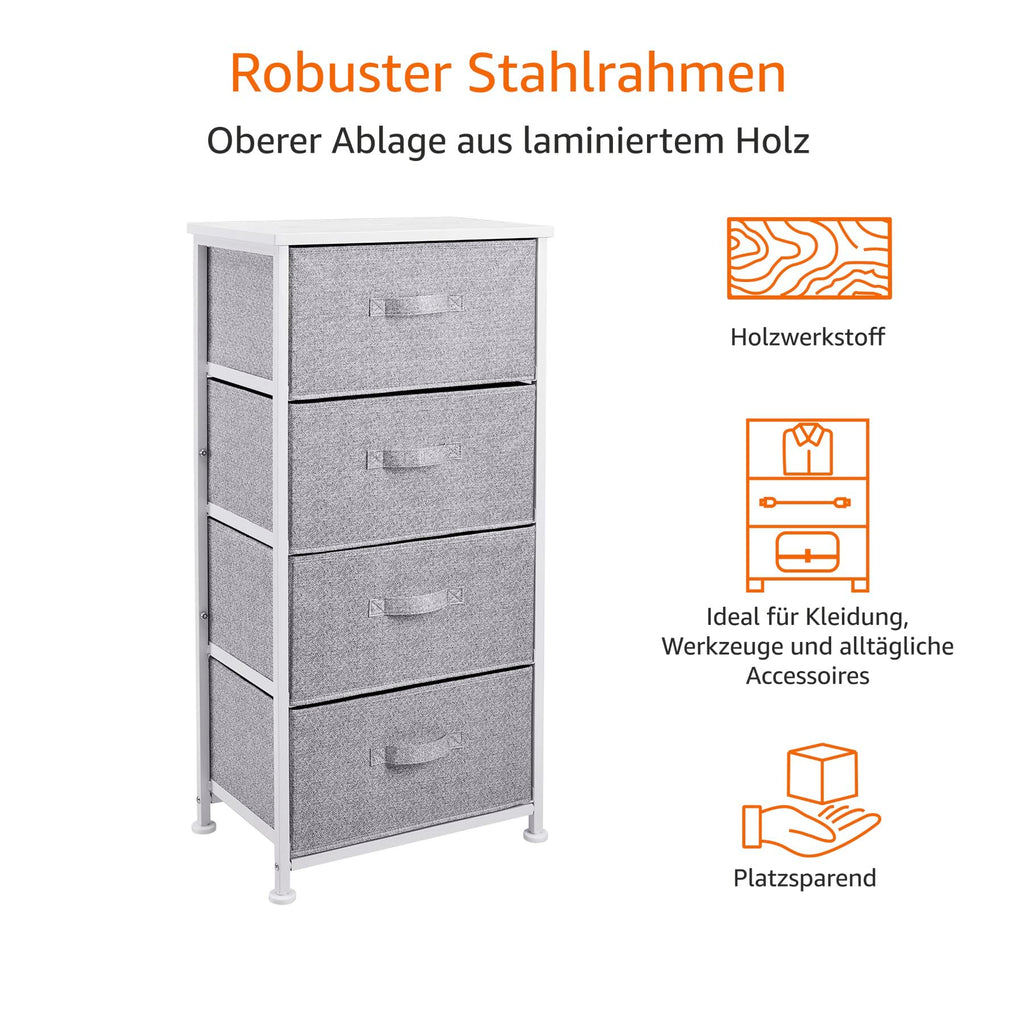 Amazon Basics Schubladenschrank-Ordnungssystem mit Stabilem Metallrahmen und 4 Herausnehmbaren Schubladen aus Stoff, Weiß