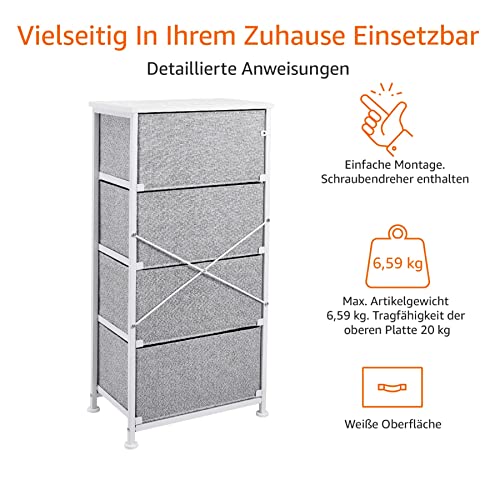Amazon Basics Schubladenschrank-Ordnungssystem mit Stabilem Metallrahmen und 4 Herausnehmbaren Schubladen aus Stoff, Weiß