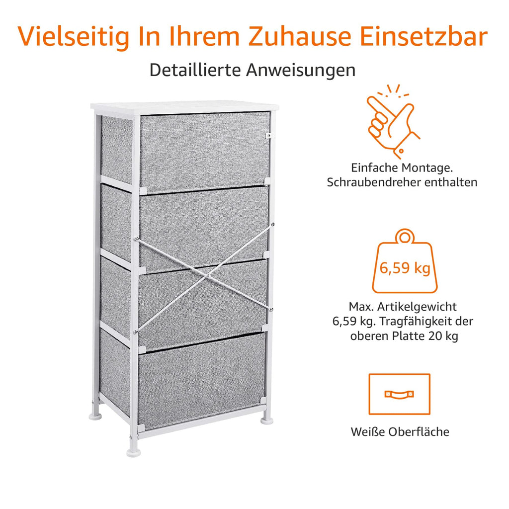 Amazon Basics Schubladenschrank-Ordnungssystem mit Stabilem Metallrahmen und 4 Herausnehmbaren Schubladen aus Stoff, Weiß