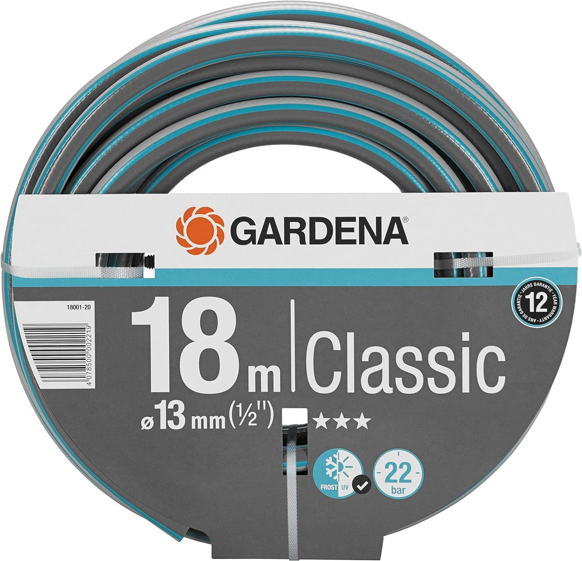 Gardena Classic Schlauch Aktion 13 mm (1/2 Zoll), 18 m: Universeller Gartenschlauch aus robustem Kreuzgewebe, 22 bar Berstdruck, UV-beständig, ohne Systemteile (18001-20) grau 18m ohne systemteile