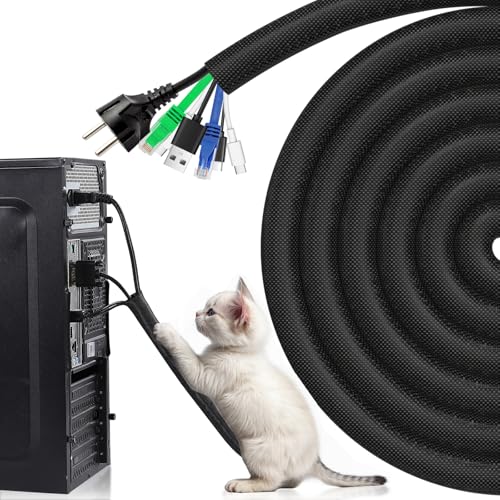 AGPTEK 3m Kabelschlauch, 20mm selbstschließend Kabelkanal, Flexibler Textilien Kabelmantel, Kabelmanagement für Schreibtisch, TV, Computer, PC, Kabelschutz für Hund, Katze, Schwarz