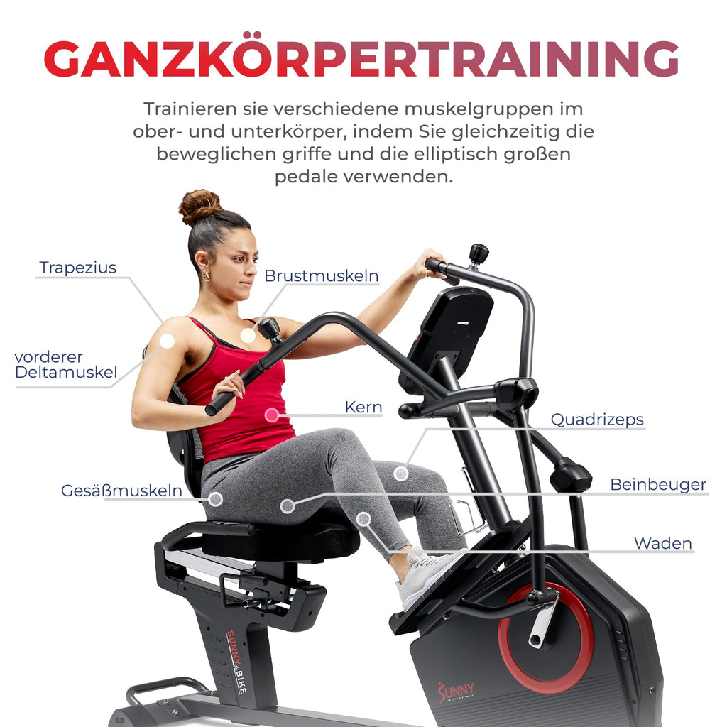 Sunny Health & Fitness Elektromagnetisches Liege-Crosstrainer-Übungs-Ellipsenfahrrad mit Armtrainern, SunnyFit®-App-Konnektivität – SF-RBE4886SMART