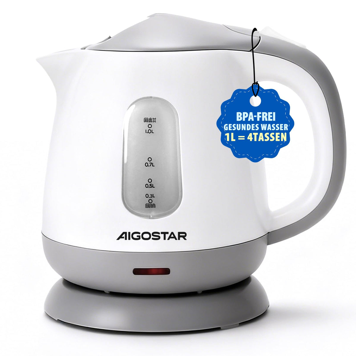 Aigostar Elektrischer Wasserkocher Klein, Kompakt & Leicht, Weiß Grau