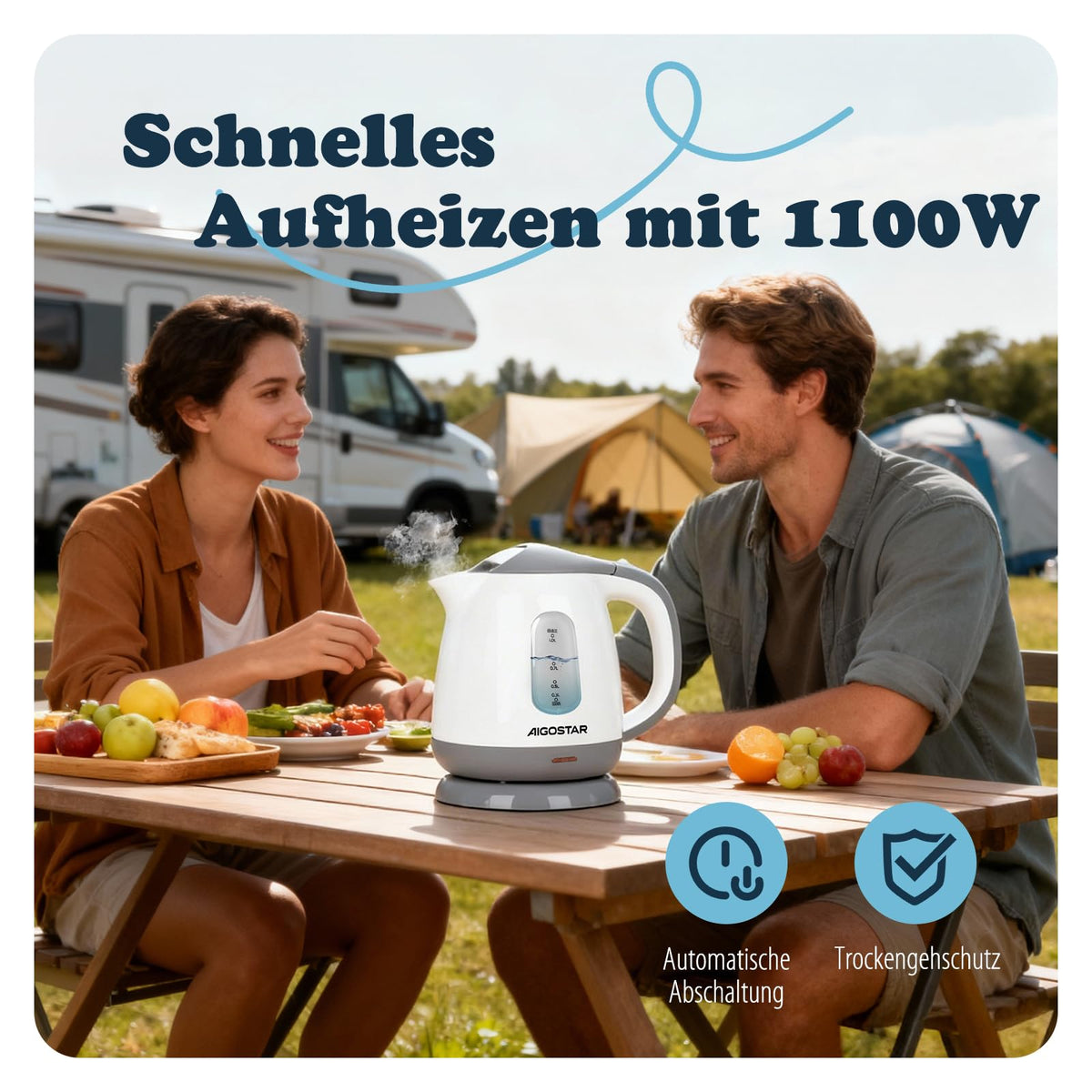 Aigostar Elektrischer Wasserkocher Klein, Kompakt & Leicht, Weiß Grau