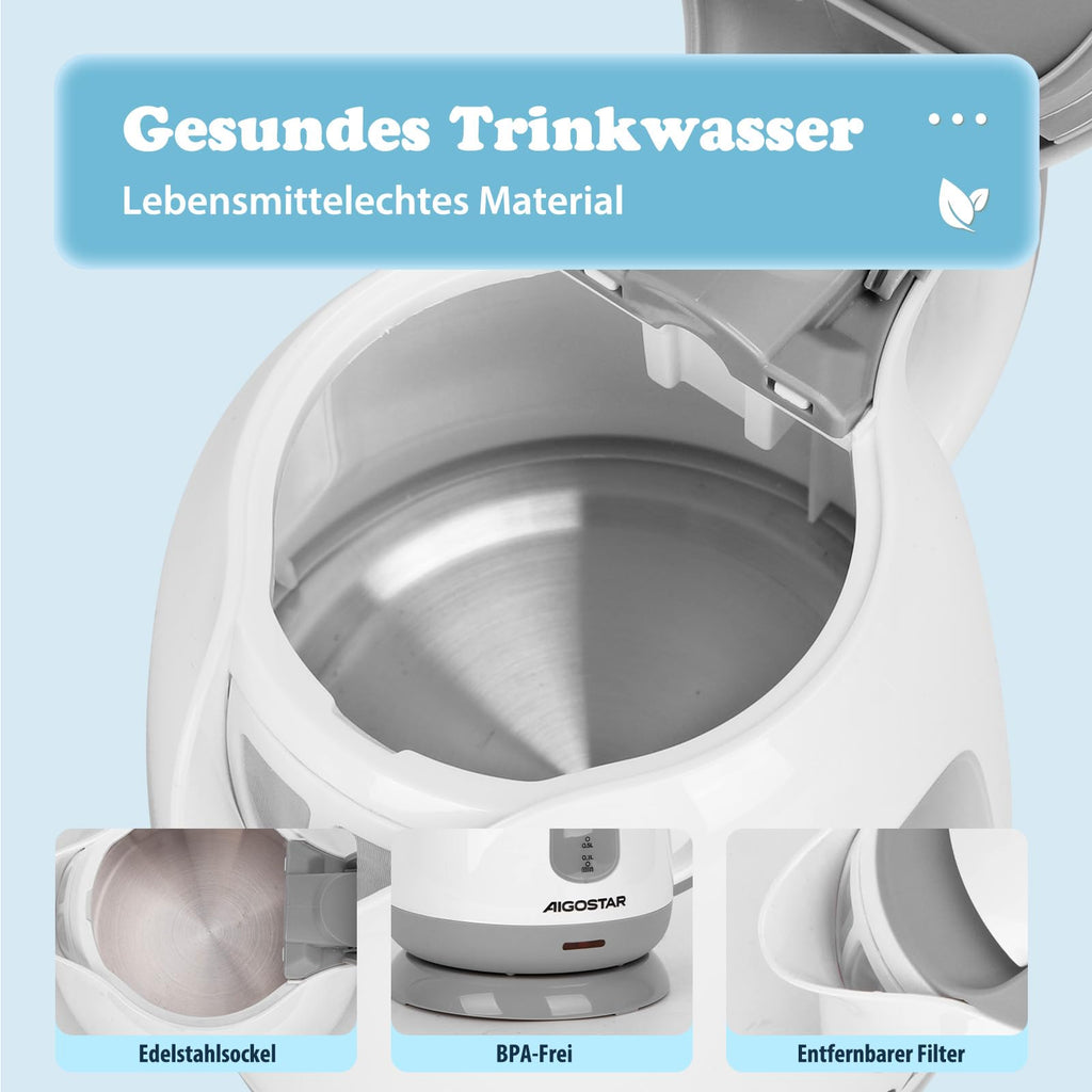 Aigostar Elektrischer Wasserkocher Klein, Kompakt & Leicht, Weiß Grau