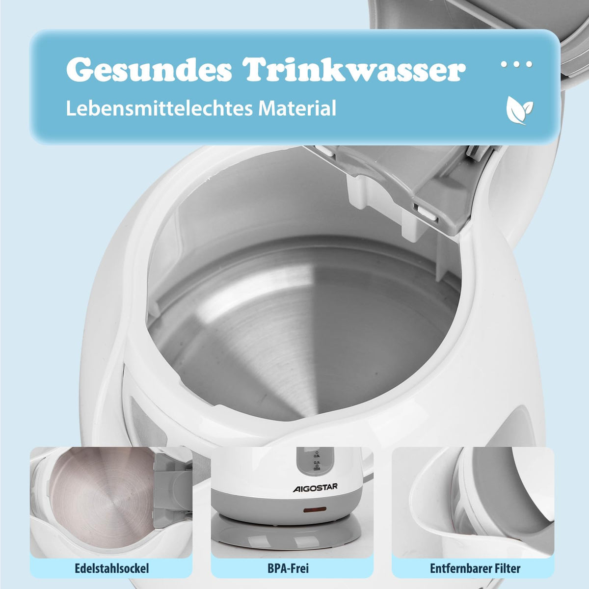 Aigostar Elektrischer Wasserkocher Klein, Kompakt & Leicht, Weiß Grau