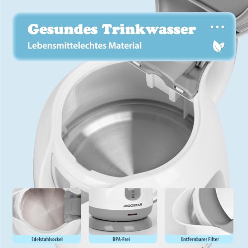Aigostar Elektrischer Wasserkocher Klein, Kompakt & Leicht, Weiß Grau