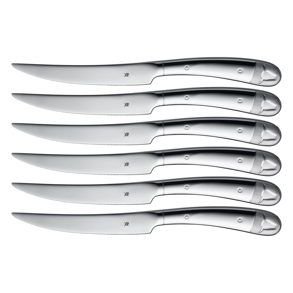 WMF Steakmesser Set 6-teilig, Pizzamesser, Cromargan Edelstahl poliert, Steak Messer, Wellenschliff, spülmaschinengeeignet, in Holzbox