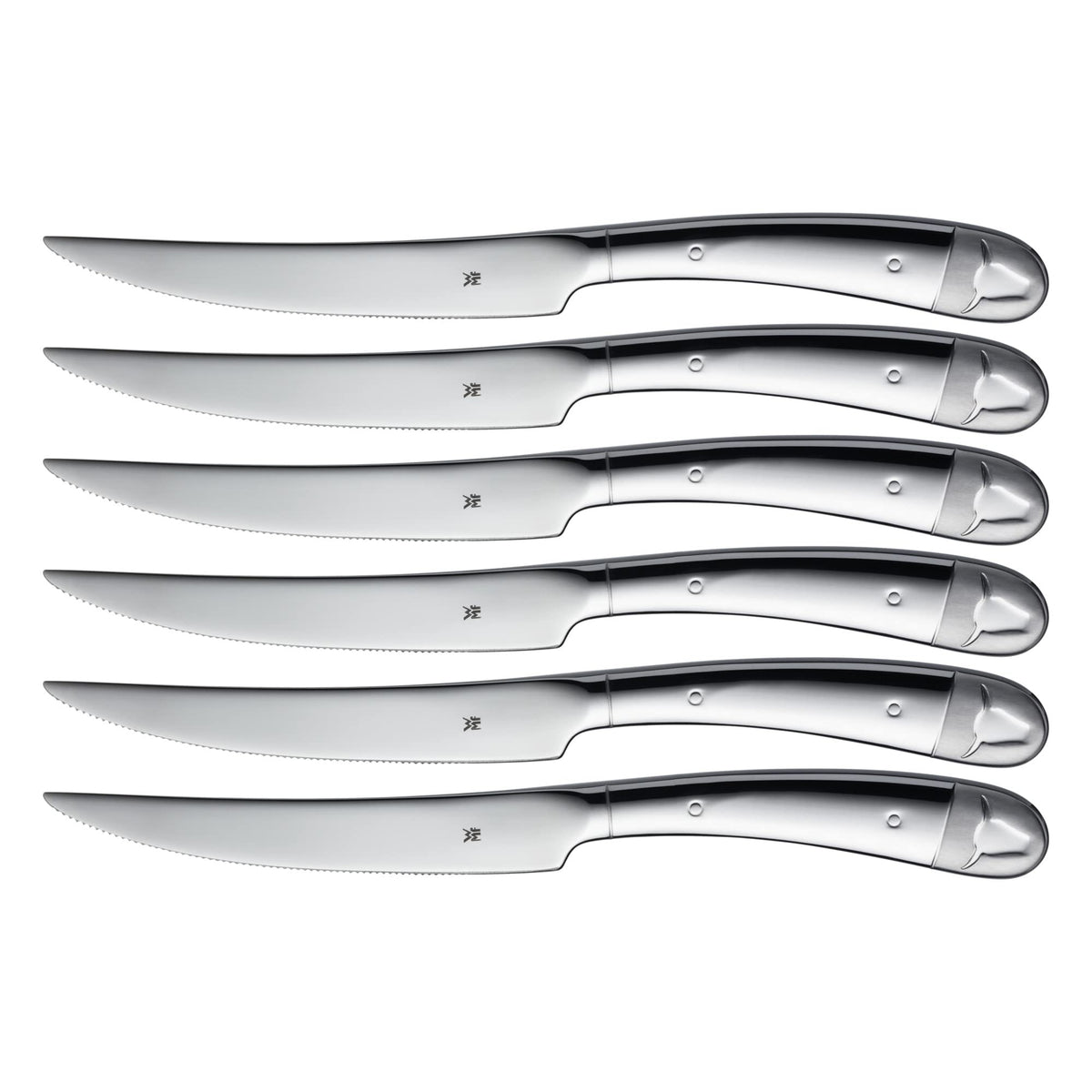 WMF Steakmesser Set 6-teilig, Pizzamesser, Cromargan Edelstahl poliert, Steak Messer, Wellenschliff, spülmaschinengeeignet, in Holzbox