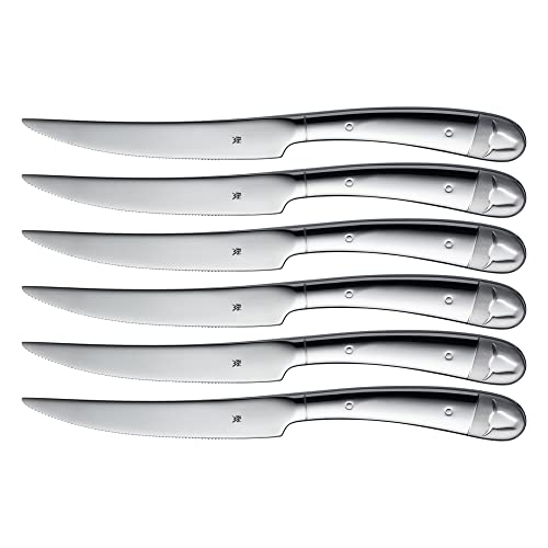 WMF Steakmesser Set 6-teilig, Pizzamesser, Cromargan Edelstahl poliert, Steak Messer, Wellenschliff, spülmaschinengeeignet, in Holzbox