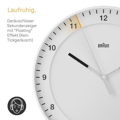 Braun Klassische große Funkwanduhr Mitteleuropäische Zeitzone (MEZ/GMT+1) mit leisem Uhrwerk, leicht lesbarem Zifferblatt, 30cm Durchmesser, weißes Modell BC17W-DCF.
