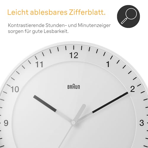 Braun Klassische große Funkwanduhr Mitteleuropäische Zeitzone (MEZ/GMT+1) mit leisem Uhrwerk, leicht lesbarem Zifferblatt, 30cm Durchmesser, weißes Modell BC17W-DCF.